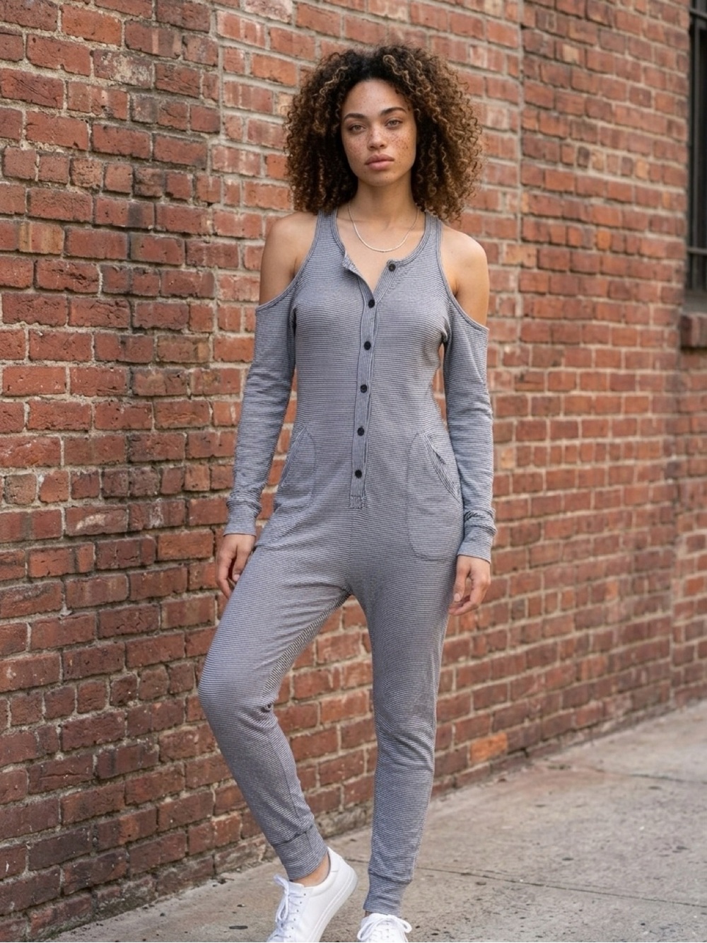 Cold-Shoulder Long-Sleeve Gray Jumpsuit